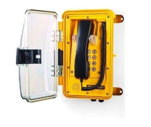 Wetterfestes InduTel Telefon gelb, Deckel/Schutztür farblos